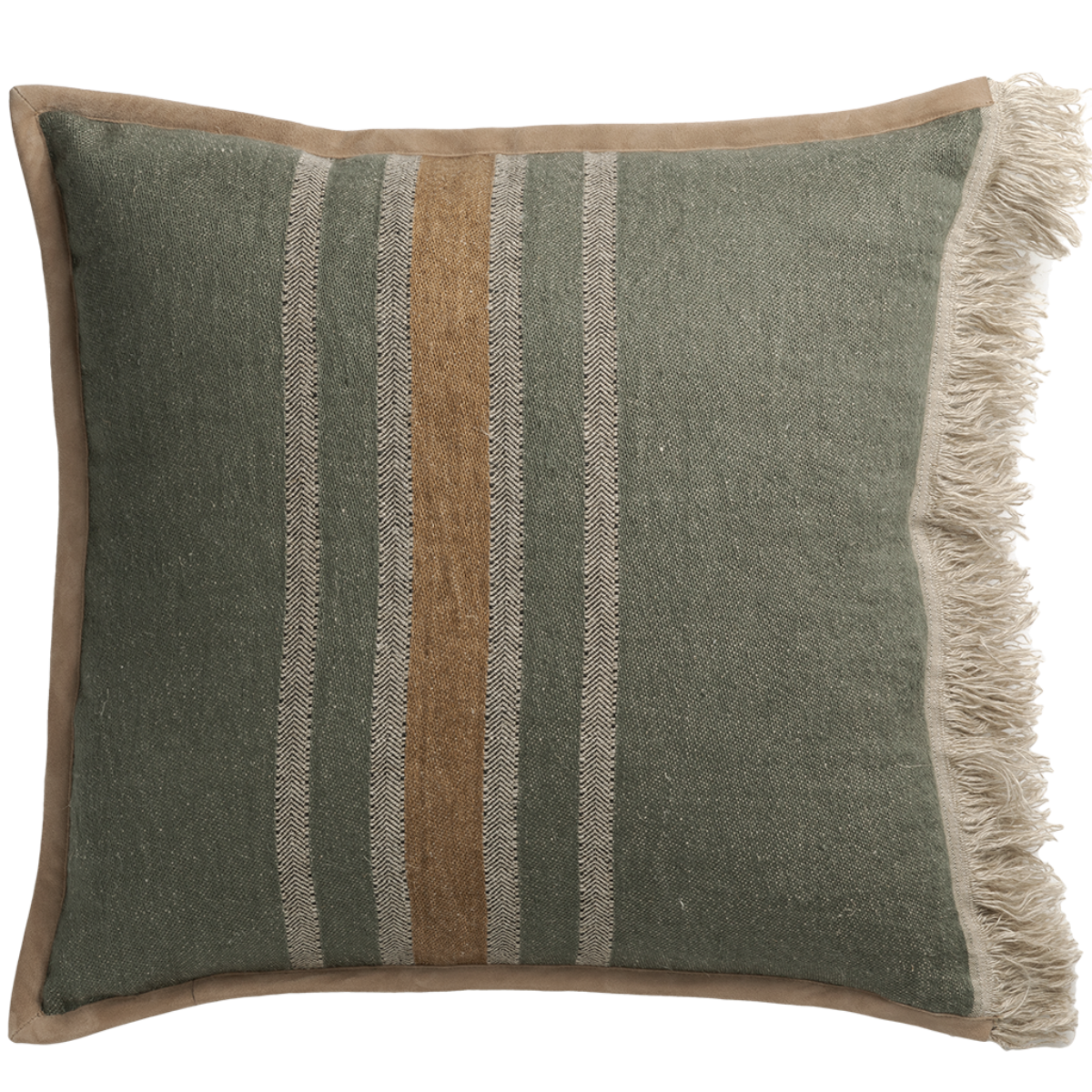 de Le Cuona | Striped Linen Cushion With Fringe & Suede Trim Pine/Clay