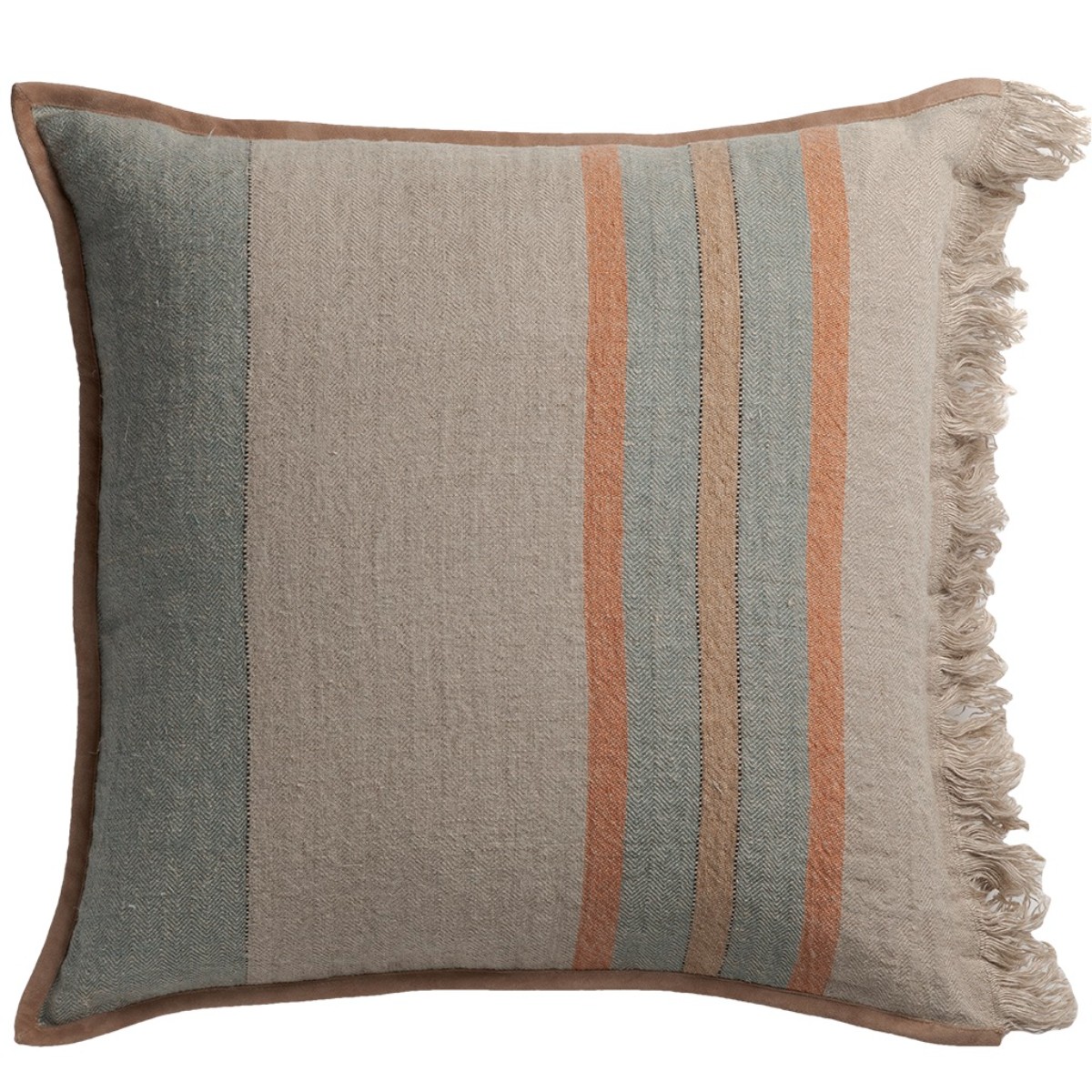 de Le Cuona | Striped Linen Cushion With Fringe & Suede Trim Teal/Clay