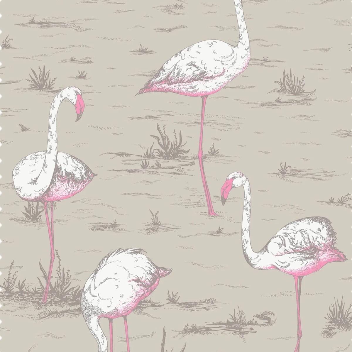 Cole & Son | Flamingos Linen | White and Fuchsia on Taupe
