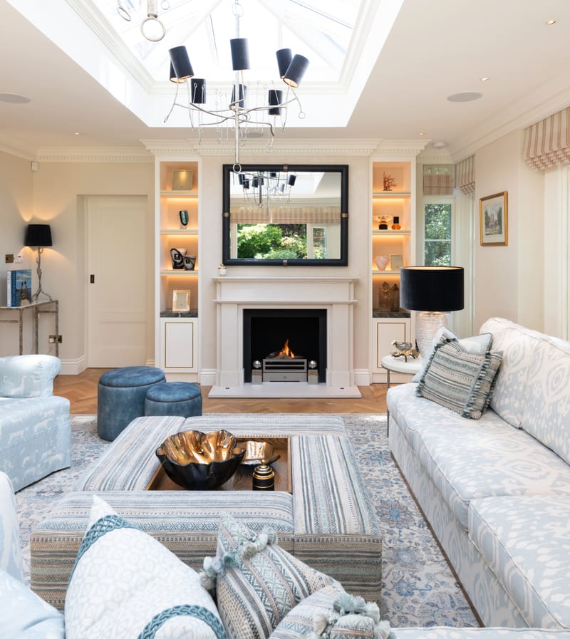 A patterned rug grounding a living room