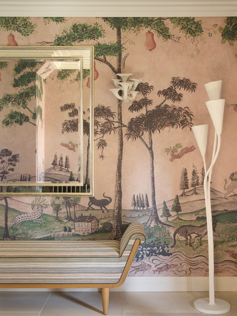 A Tobias Oliver room with patterned wallpaper — pattern scale and surface texture clearly visible